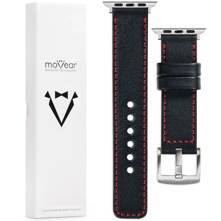 moVear Prestige C1 20mm Schwarz Lederarmband für Apple Watch 10 / 9 / 8 / 7 / 6 / 5 / 4 / SE (42/41/40mm) | Schwarz Nähte [Größen XS-XXL und Schnalle zur Auswahl]