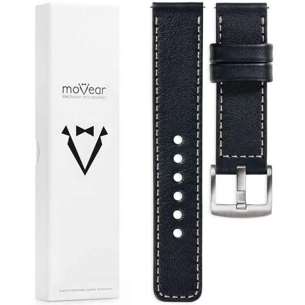 moVear Prestige C1 26mm Uhrenarmband aus Leder | Schwarz, Schwarz Nähte [Größen XS-XXL und Schnalle zur Auswahl]