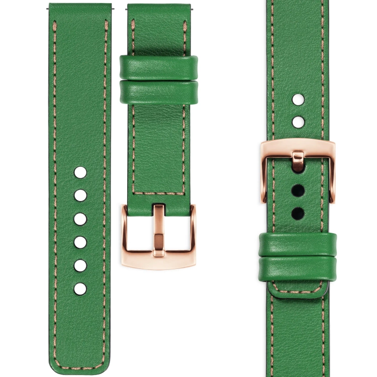 moVear Prestige C1 18mm leather watch strap | Green, Green stitching [sizes XS-XXL and buckle to choose from]