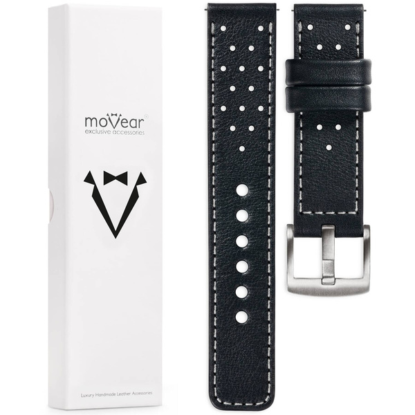 moVear Prestige R2 22mm leather watch strap | Black, Black stitching [sizes XS-XXL and buckle to choose from]