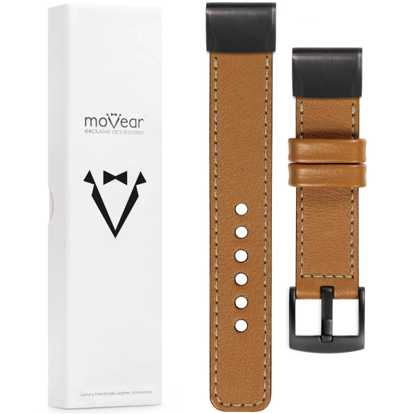 moVear Prestige C1 Leather strap for Garmin QuickFit 26mm (Fenix / Epix / Quatix / Tactix / Enduro - 51mm) Light brown, Light brown stitching [sizes XS-XXL and buckle to choose from]