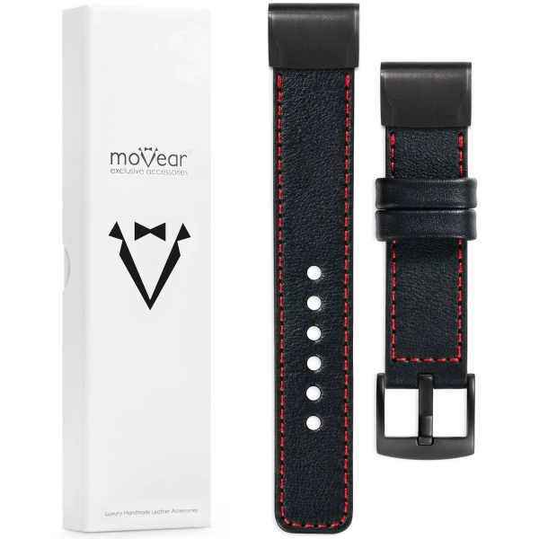 moVear Prestige C1 Lederarmband für Garmin QuickFit 26mm (Fenix / Epix / Quatix / Tactix / Enduro - 51mm) Schwarz, Schwarz Nähte [Größen XS-XXL und Schnalle zur Auswahl]
