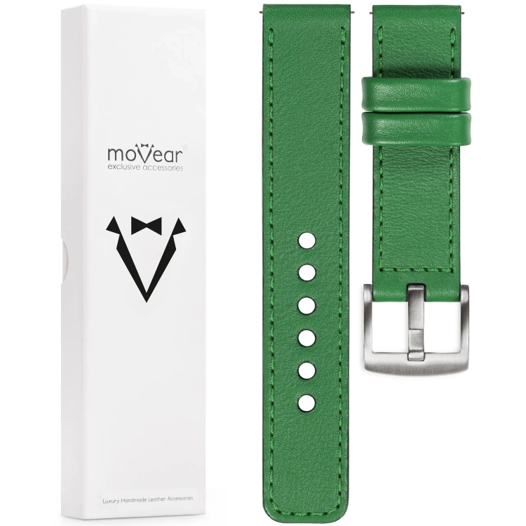 moVear Prestige C1 26mm Uhrenarmband aus Leder | Grün, Grün Nähte [Größen XS-XXL und Schnalle zur Auswahl]
