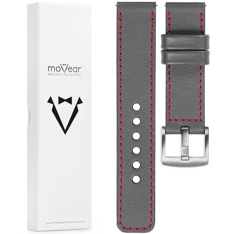 moVear Prestige C1 18mm leather watch strap | Gray, Gray stitching [sizes XS-XXL and buckle to choose from]