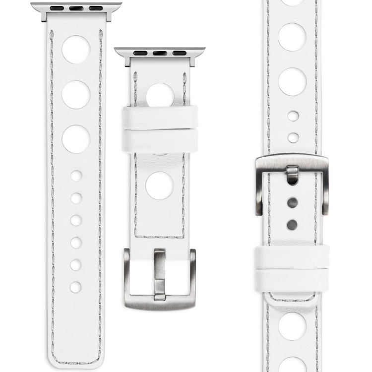 moVear Prestige R1 22mm Weiß Lederarmband für Apple Watch 10 / 9 / 8 / 7 / 6 / 5 / 4 / SE (42/41/40mm) | Weiß Nähte [Größen XS-XXL und Schnalle zur Auswahl]