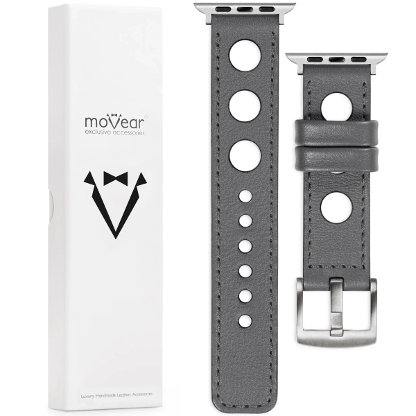 moVear Prestige R1 22mm Gray Leather strap for Apple Watch 10 / 9 / 8 / 7 / 6 / 5 / 4 / SE (42/41/40mm) | Gray stitching [sizes XS-XXL and buckle to choose from]