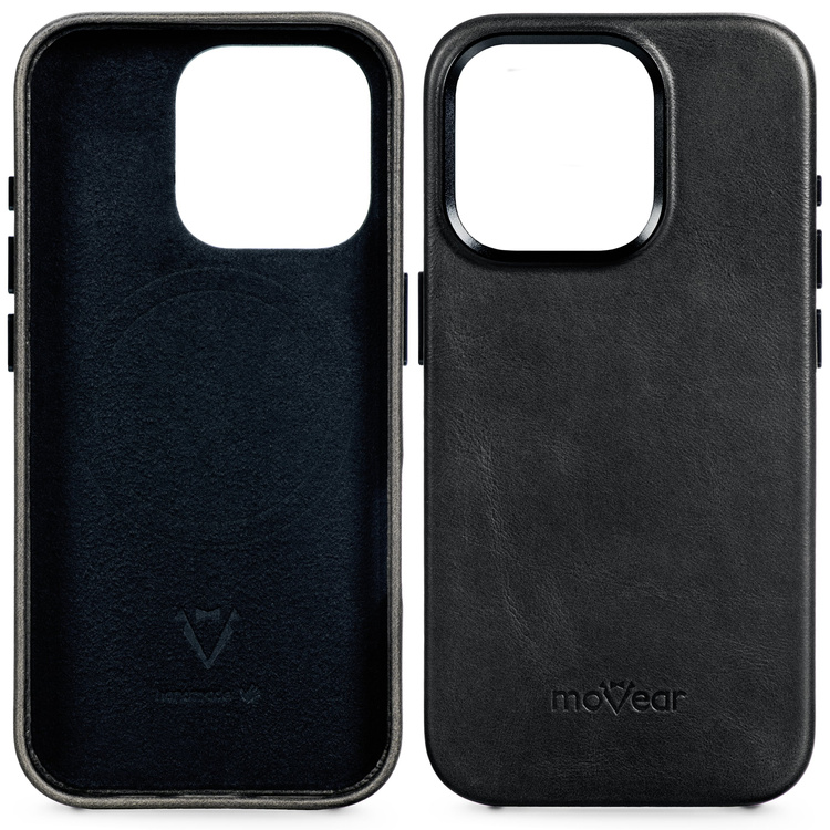 moVear [PRODUCT_MODEL] Leather back cover for Apple iPhone 15 Pro (6.1") | MagSafe compatible, Natural oiled leather (Black)