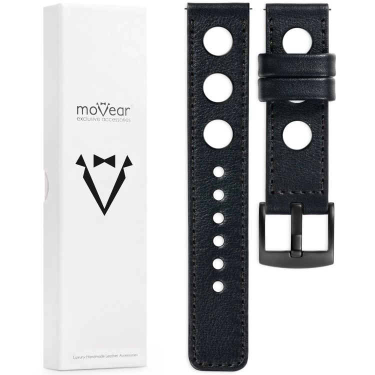 moVear Prestige R1 20mm Schwarz Lederarmband für Garmin Vivoactive 5/3, Vivomove 3, Venu 2 | Schwarz Nähte [Größen XS-XXL und Schnalle zur Auswahl]