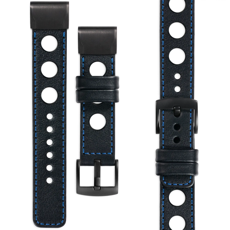 moVear Prestige R1 Lederarmband für Garmin QuickFit 22mm (Fenix / Forerunner / Epix / Instinct / Enduro / Quatix / MARQ - 47/45mm) Schwarz, Schwarz Nähte [Größen XS-XXL und Schnalle zur Auswahl]