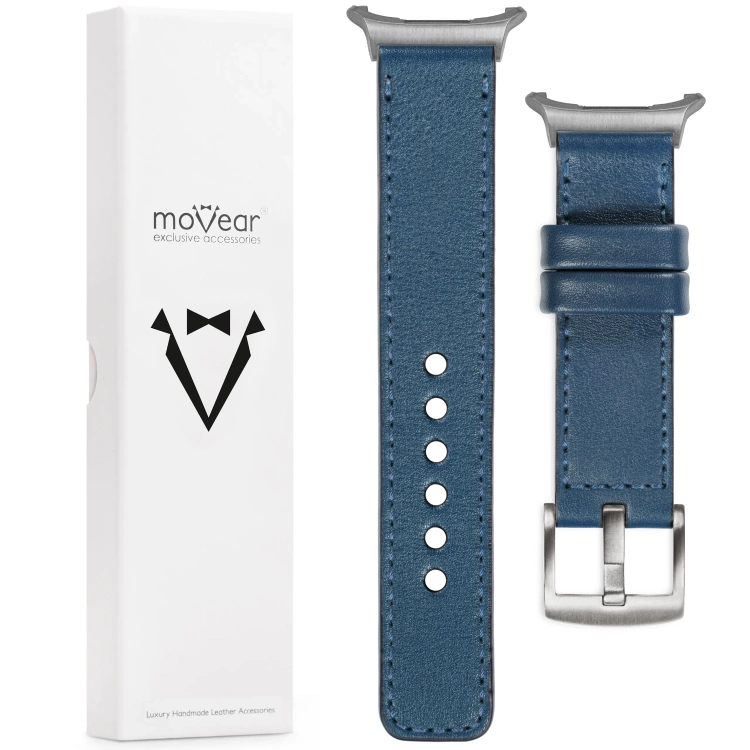 moVear Prestige C1 22mm Blaue Jeans Lederarmband für Samsung Galaxy Watch Ultra | Blaue Jeans Nähte [Größen XS-XXL und Schnalle zur Auswahl]