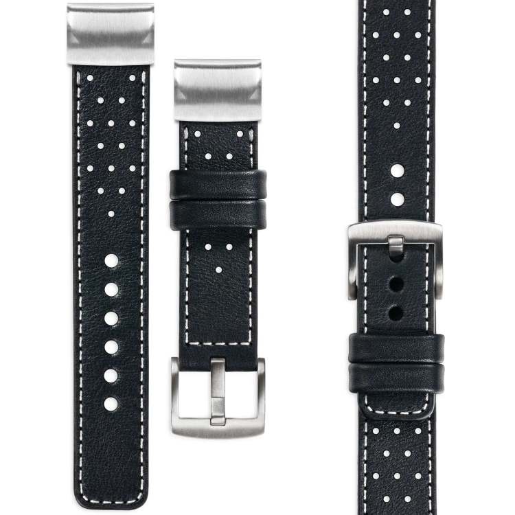 moVear Prestige R2 Lederarmband für Garmin QuickFit 20mm (Fenix / Instinct - 43/42/40mm) Schwarz, Schwarz Nähte [Größen XS-XXL und Schnalle zur Auswahl]