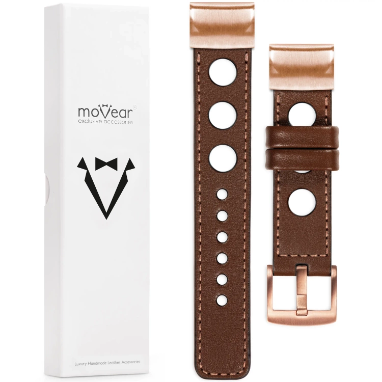 moVear Prestige R1 Leather strap for Garmin QuickFit 20mm (Fenix / Instinct - 43/42/40mm) Dark brown, Dark brown stitching [sizes XS-XXL and buckle to choose from]