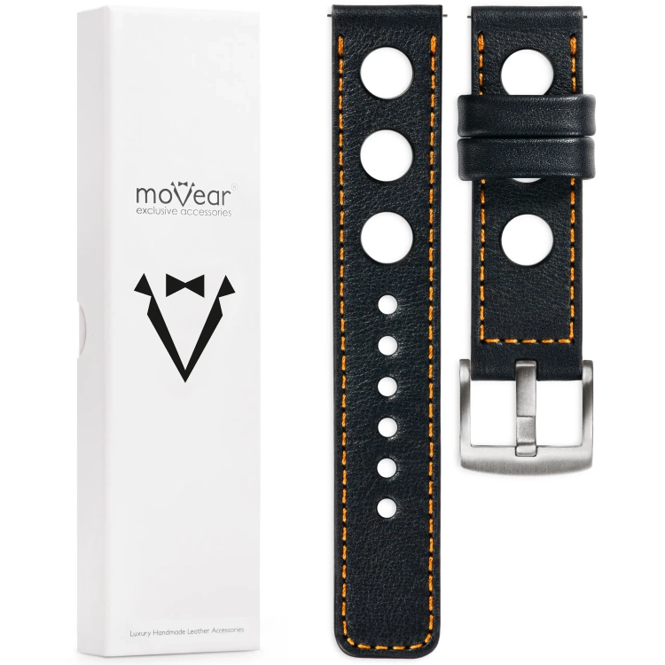moVear Prestige R1 22mm Uhrenarmband aus Leder | Schwarz, Schwarz Nähte [Größen XS-XXL und Schnalle zur Auswahl]