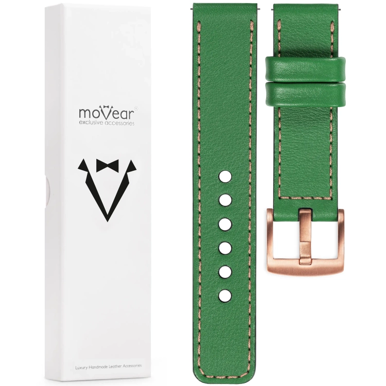moVear Prestige C1 26mm leather watch strap | Green, Green stitching [sizes XS-XXL and buckle to choose from]
