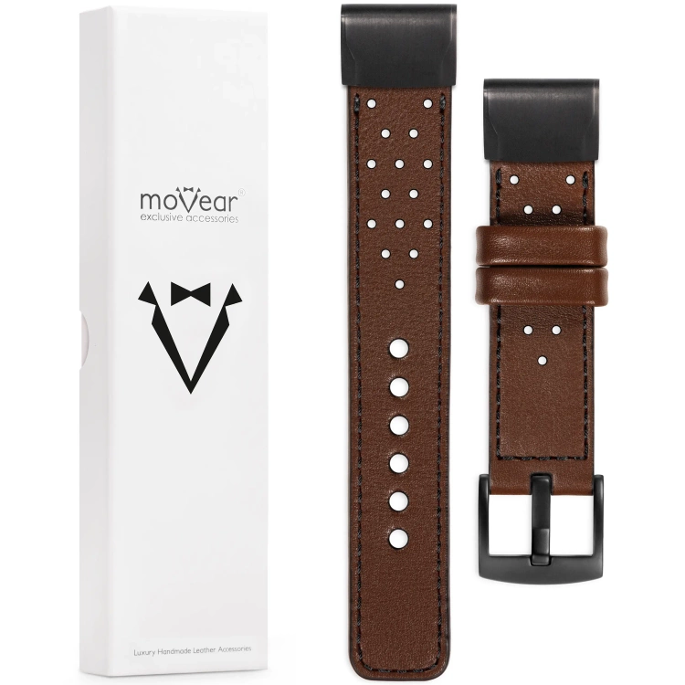 moVear Prestige R2 Lederarmband für Garmin QuickFit 26mm (Fenix / Epix / Quatix / Tactix / Enduro - 51mm) Dunkelbraun, Dunkelbraun Nähte [Größen XS-XXL und Schnalle zur Auswahl]