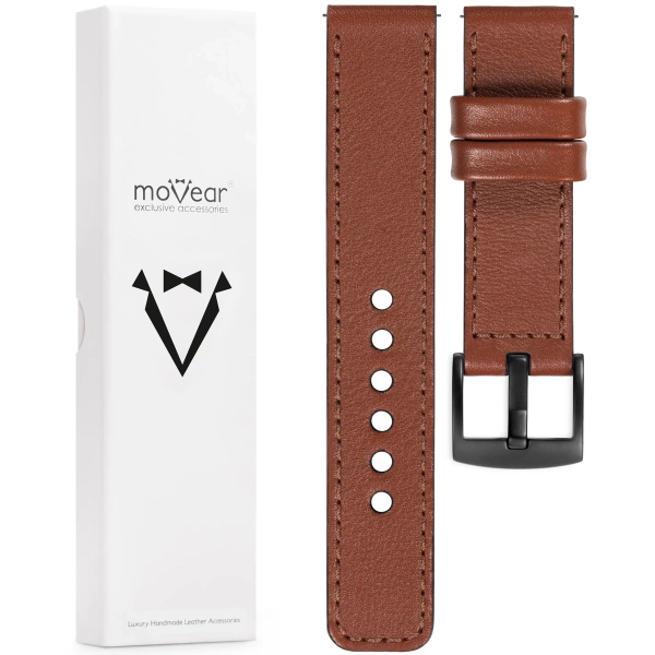 moVear Prestige C1 22mm Brown Leather strap for Samsung Galaxy Watch 3 (45mm) / Watch (46mm) / Gear S3 | Brown stitching [sizes XS-XXL and buckle to choose from]