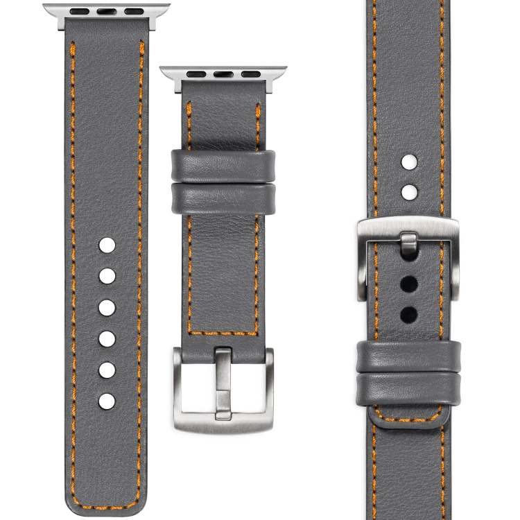 moVear Prestige C1 22mm Grau Lederarmband für Apple Watch 10 / 9 / 8 / 7 / 6 / 5 / 4 / SE (42/41/40mm) | Grau Nähte [Größen XS-XXL und Schnalle zur Auswahl]