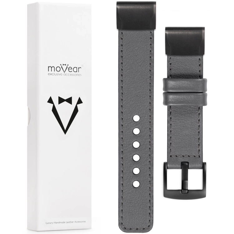 moVear Prestige C1 Lederarmband für Garmin QuickFit 26mm (Fenix / Epix / Quatix / Tactix / Enduro - 51mm) Grau, Grau Nähte [Größen XS-XXL und Schnalle zur Auswahl]
