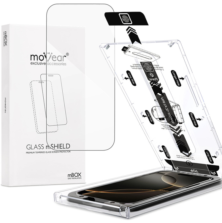 moVear mBOX GLASS mSHIELD 2.5D for Apple iPhone 17 Pro / 17 / 16 Pro (6.3") (easy installation)