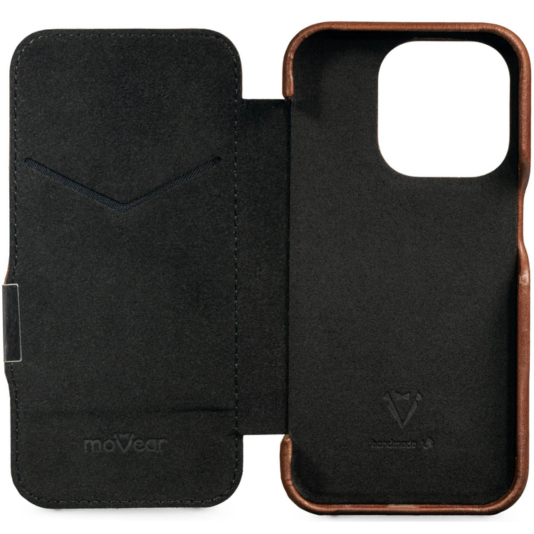 moVear flipSide 4C Leder Handyhülle für Apple iPhone 15 Pro (6.1") | Naturgeöltes Leder (Dunkelbraun)