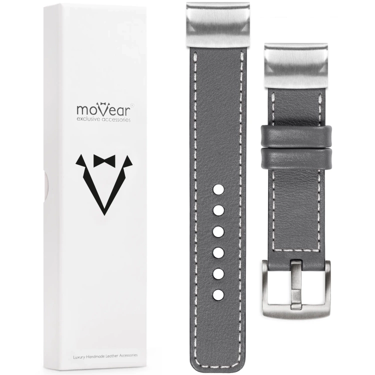 moVear Prestige C1 Lederarmband für Garmin QuickFit 26mm (Fenix / Epix / Quatix / Tactix / Enduro - 51mm) Grau, Grau Nähte [Größen XS-XXL und Schnalle zur Auswahl]
