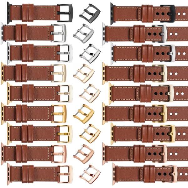 moVear Prestige C1 22mm Braun Lederarmband für Apple Watch 10 / 9 / 8 / 7 / 6 / 5 / 4 / SE (46/45/44mm) & Ultra (49mm) | Braun Nähte [Größen XS-XXL und Schnalle zur Auswahl]