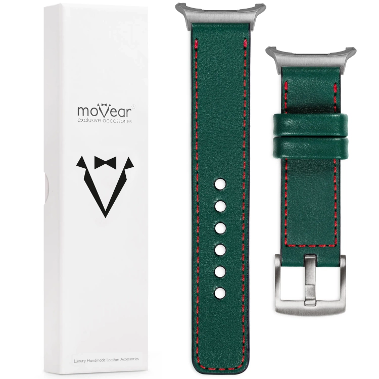 moVear Prestige C1 24mm Flaschengrün Lederarmband für Samsung Galaxy Watch Ultra | Flaschengrün Nähte [Größen XS-XXL und Schnalle zur Auswahl]