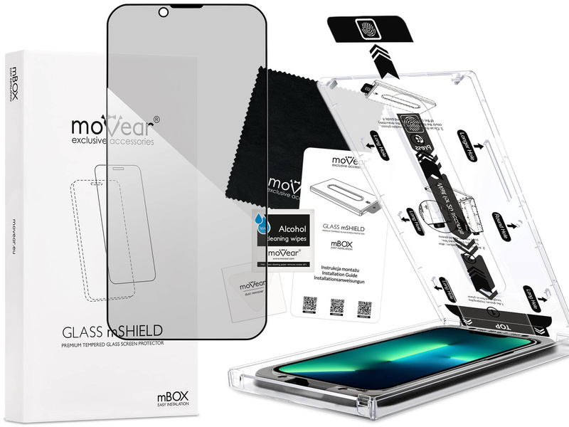 moVear mBOX GLASS mSHIELD 2.5D MAX privacy für Apple iPhone 16e / 14 / 13 / 13 Pro (6.1") (Anti-Spionage, mit Applikator)