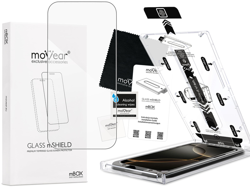 moVear mBOX GLASS mSHIELD 2.5D for Apple iPhone 17 Pro / 17 / 16 Pro (6.3") (easy installation)