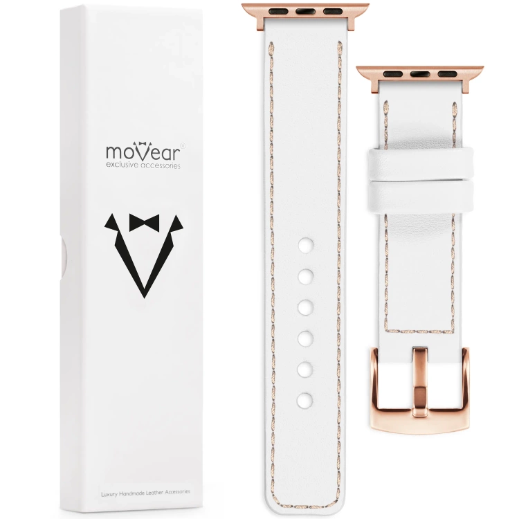 moVear Prestige C1 20mm Weiß Lederarmband für Apple Watch 10 / 9 / 8 / 7 / 6 / 5 / 4 / SE (46/45/44mm) & Ultra (49mm) | Weiß Nähte [Größen XS-XXL und Schnalle zur Auswahl]