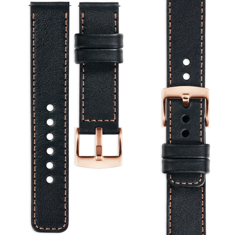 moVear Prestige C1 19mm Uhrenarmband aus Leder | Schwarz, Schwarz Nähte [Größen XS-XXL und Schnalle zur Auswahl]