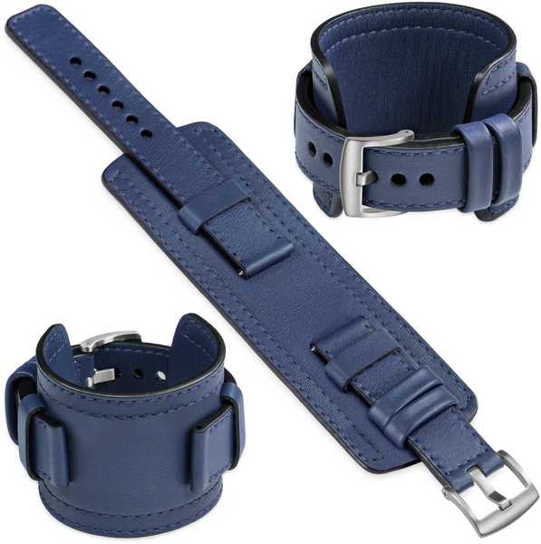 moVear Prestige CW1 20mm Breites Lederarmband mit Polster | Navy blau, Navy blau Nähte [Größen XS-XXL und Schnalle zur Auswahl]