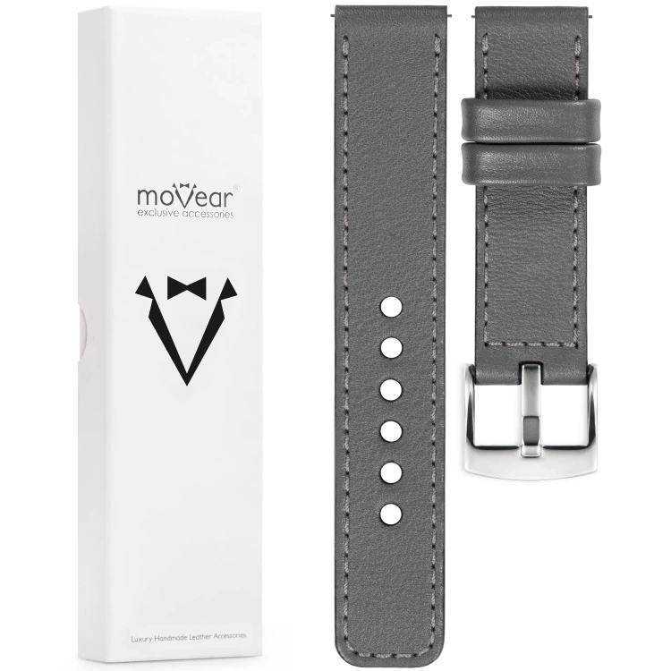 moVear Prestige C1 24mm leather watch strap | Gray, Gray stitching [sizes XS-XXL and buckle to choose from]