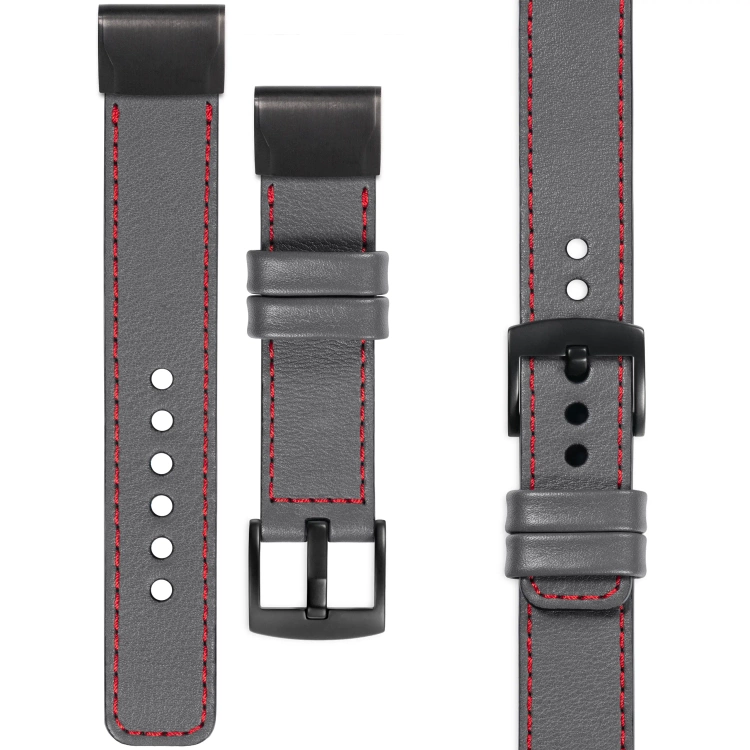 moVear Prestige C1 Lederarmband für Garmin QuickFit 26mm (Fenix / Epix / Quatix / Tactix / Enduro - 51mm) Grau, Grau Nähte [Größen XS-XXL und Schnalle zur Auswahl]