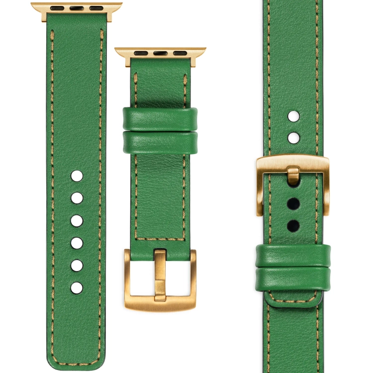 moVear Prestige C1 22mm Grün Lederarmband für Apple Watch 10 / 9 / 8 / 7 / 6 / 5 / 4 / SE (42/41/40mm) | Grün Nähte [Größen XS-XXL und Schnalle zur Auswahl]