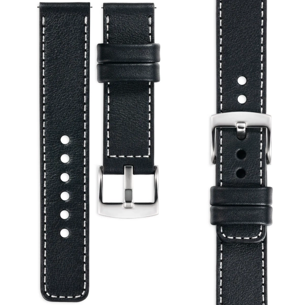 moVear Prestige C1 26mm Uhrenarmband aus Leder | Schwarz, Schwarz Nähte [Größen XS-XXL und Schnalle zur Auswahl]