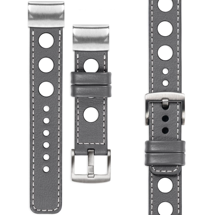 moVear Prestige R1 Lederarmband für Garmin QuickFit 26mm (Fenix / Epix / Quatix / Tactix / Enduro - 51mm) Grau, Grau Nähte [Größen XS-XXL und Schnalle zur Auswahl]