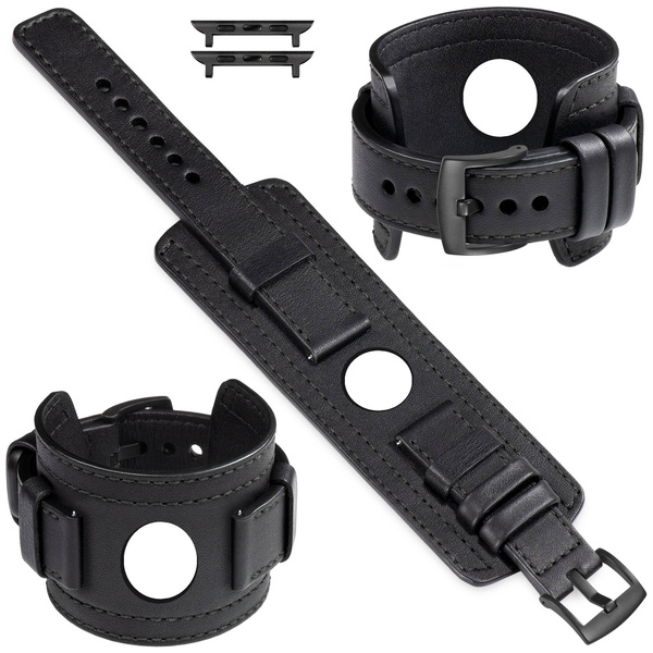 moVear Prestige CW1 20mm Breites Lederarmband mit Polster für Apple Watch 10 / 9 / 8 / 7 / 6 / 5 / 4 / SE (42/41/40mm) | Schwarz, Schwarz Nähte [Größen XS-XXL und Schnalle zur Auswahl]