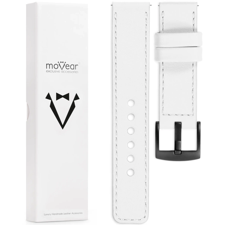 moVear Prestige C1 20mm Weiß Lederarmband für Garmin Vivoactive 5/3, Vivomove 3, Venu 2 | Weiß Nähte [Größen XS-XXL und Schnalle zur Auswahl]