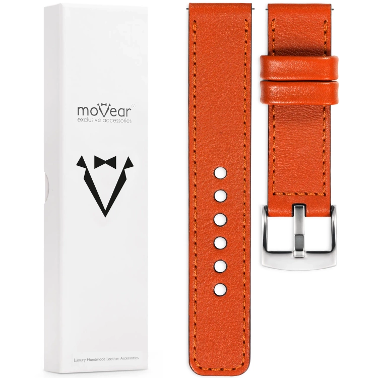 moVear Prestige C1 18mm Uhrenarmband aus Leder | Orange, Orange Nähte [Größen XS-XXL und Schnalle zur Auswahl]