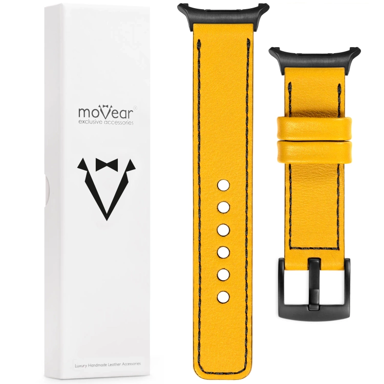 moVear Prestige C1 24mm Gelb Lederarmband für Samsung Galaxy Watch Ultra | Gelb Nähte [Größen XS-XXL und Schnalle zur Auswahl]