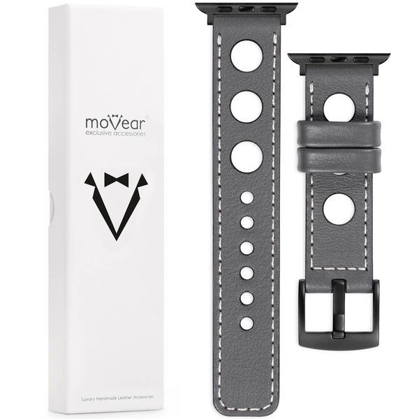 moVear Prestige R1 22mm Gray Leather strap for Apple Watch 10 / 9 / 8 / 7 / 6 / 5 / 4 / SE (42/41/40mm) | Gray stitching [sizes XS-XXL and buckle to choose from]