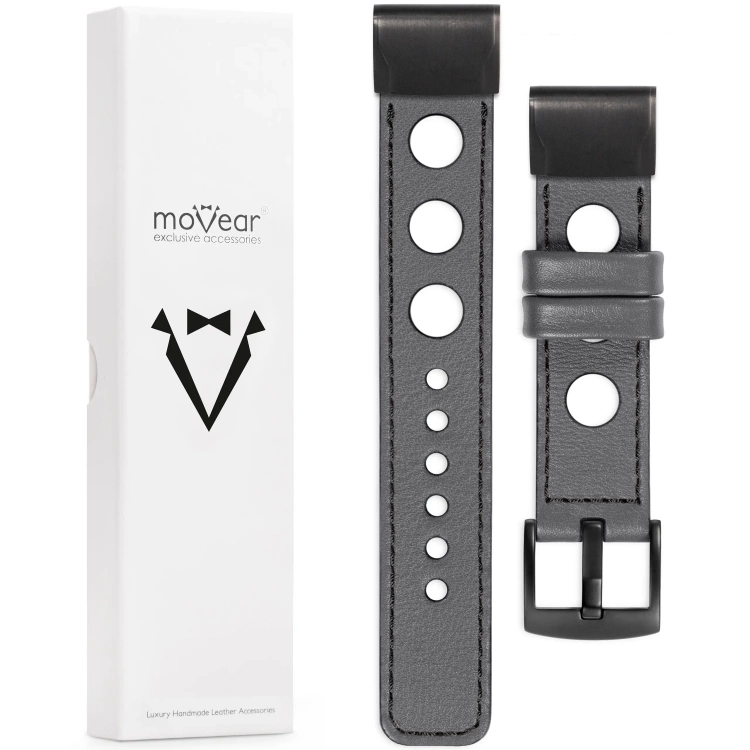 moVear Prestige R1 Lederarmband für Garmin QuickFit 22mm (Fenix / Forerunner / Epix / Instinct / Enduro / Quatix / MARQ - 47/45mm) Grau, Grau Nähte [Größen XS-XXL und Schnalle zur Auswahl]