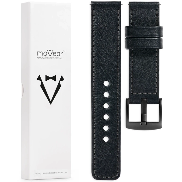 moVear Prestige C1 18mm Black Leather strap for Garmin Vivoactive 4S, Venu 3S/2S, Vívomove 3S | Black stitching [sizes XS-XXL and buckle to choose from]