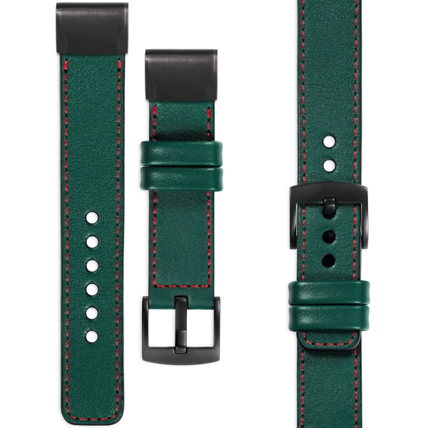 moVear Prestige C1 Leather strap for Garmin QuickFit 22mm (Fenix / Forerunner / Epix / Instinct / Enduro / Quatix / MARQ - 47/45mm) Bottle green, Bottle green stitching [sizes XS-XXL and buckle to choose from]