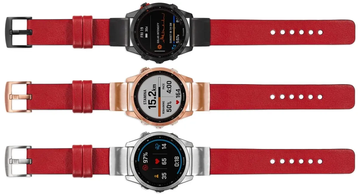 moVear Prestige S1 Leather strap for Garmin QuickFit 22mm (Fenix / Forerunner / Epix / Instinct / Enduro / Quatix / MARQ - 47/45mm) Scarlet red [sizes XS-XXL and buckle to choose from]