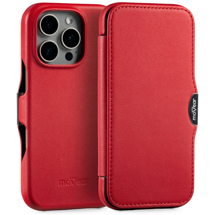 moVear flipSide 4C Leder Handyhülle für Apple iPhone 16 Pro (6.3") | Glattleder (Rot)