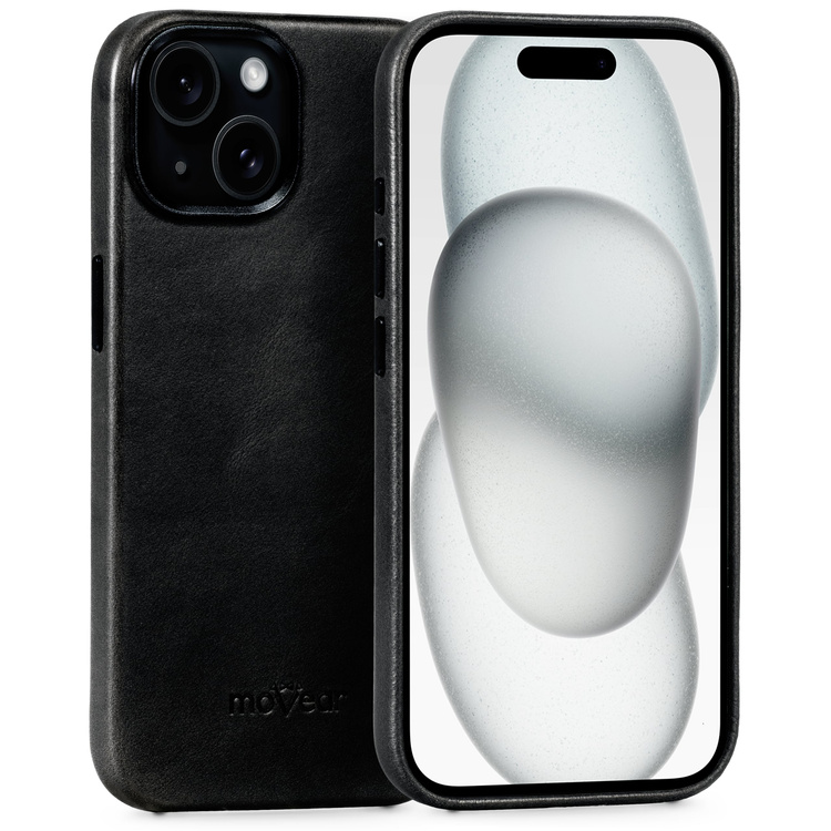 moVear [PRODUCT_MODEL] Leather back cover for Apple iPhone 15 (6,1") | MagSafe compatible, Natural oiled leather (Black)