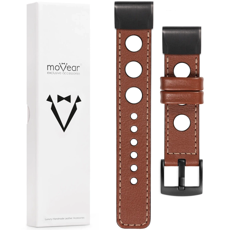 moVear Prestige R1 Lederarmband für Garmin QuickFit 26mm (Fenix / Epix / Quatix / Tactix / Enduro - 51mm) Braun, Braun Nähte [Größen XS-XXL und Schnalle zur Auswahl]