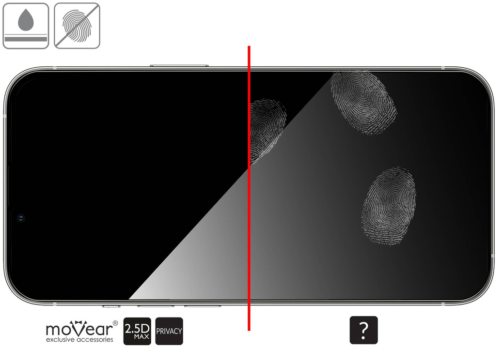 moVear mBOX GLASS mSHIELD 2.5D MAX privacy für Apple iPhone 16e / 14 / 13 / 13 Pro (6.1") (Anti-Spionage, mit Applikator)